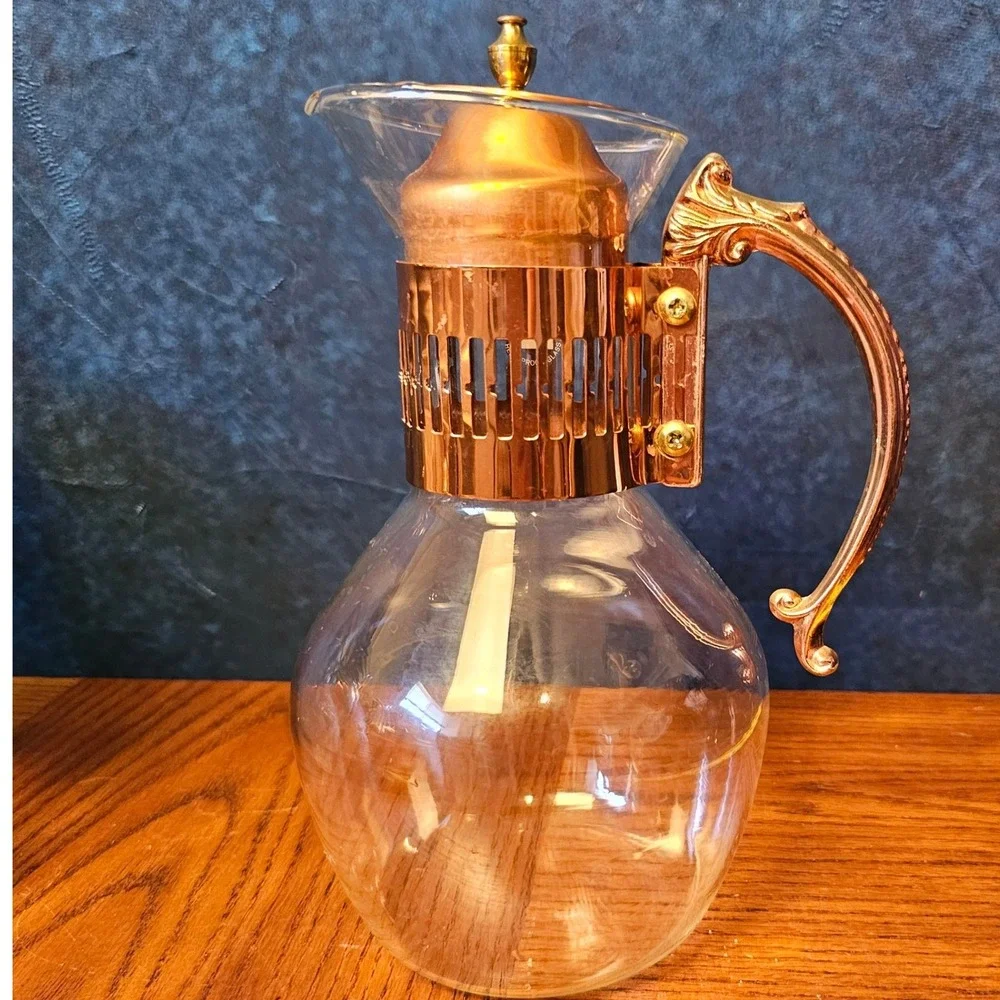 Vintage Glass Carafe with Copper Metal Collar and Ornate Scroll Handle 9.5in